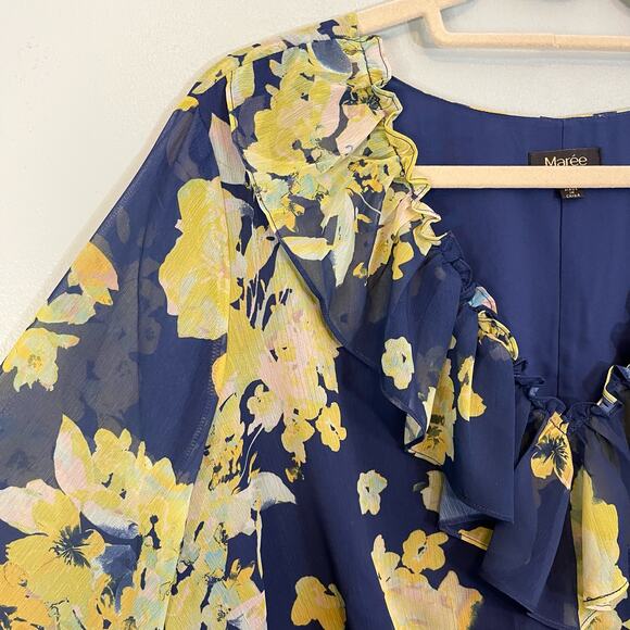 Maree Pour Toi Floral Blouse Size 14 Blue Cropped Ruffle Sheer Mesh Feminine NWT - Picture 4 of 10